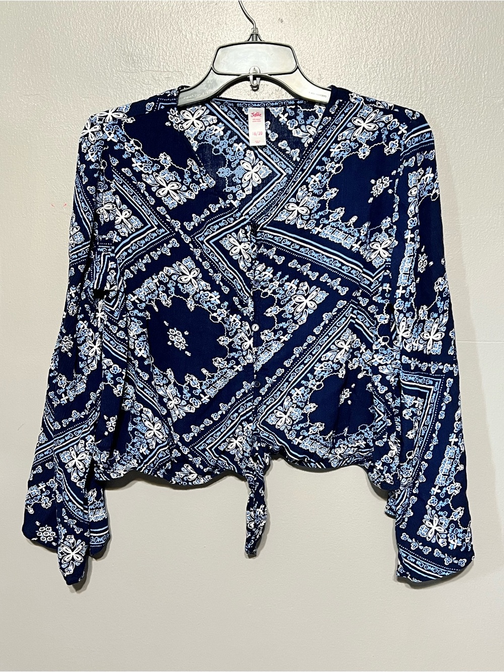 Justice  Navy Blue Floral Crinkle Gauze Button Tie Front Top 18/20